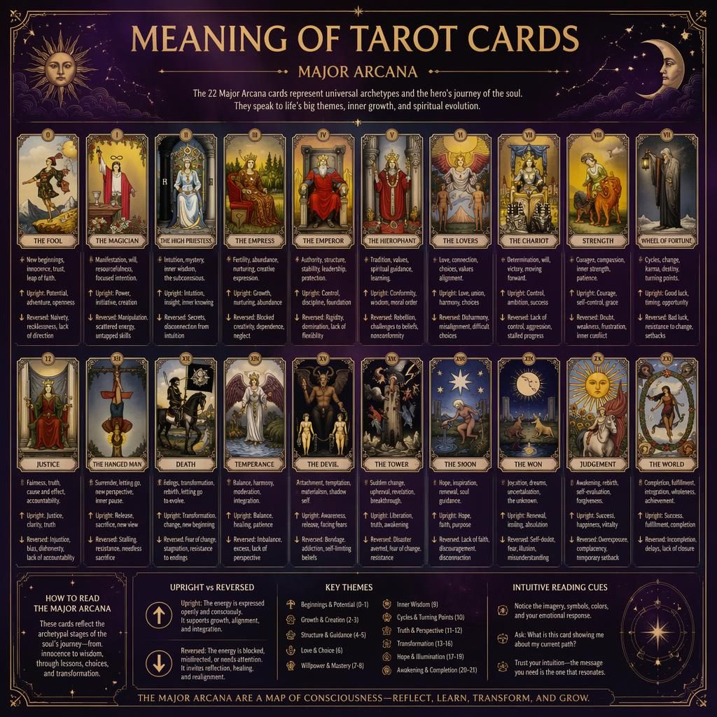Infografik med 22 Major Arcana-tarotkort i rutnät, lila och guld, engelska etiketter och korta betydelser.