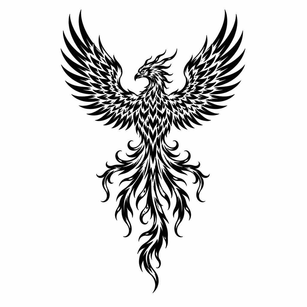 Blackwork bold Japanese phoenix back tattoo flash drawn on white paper with sharp high-contrast lines, tiny clean design.