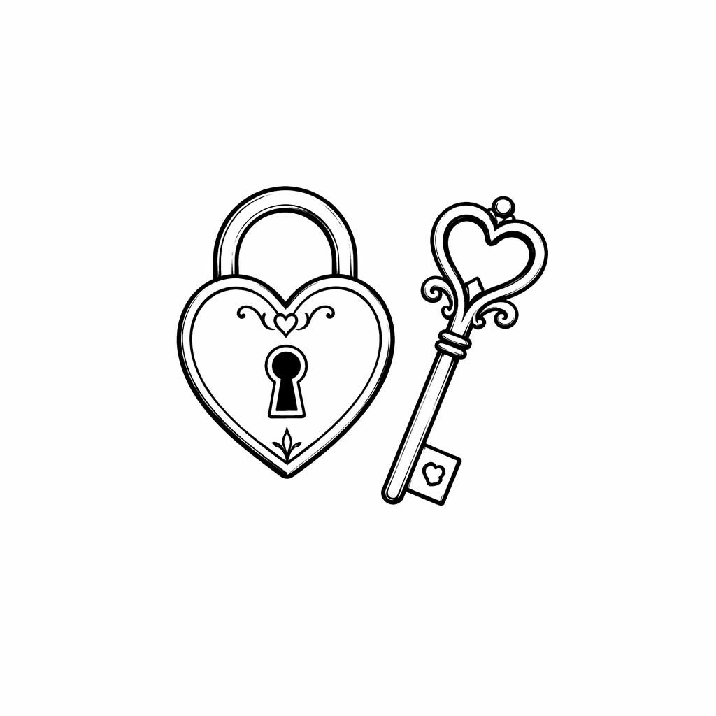 Tiny lock and key best friend tattoo design sketched on white paper in clean black linework, flash-sheet style.
