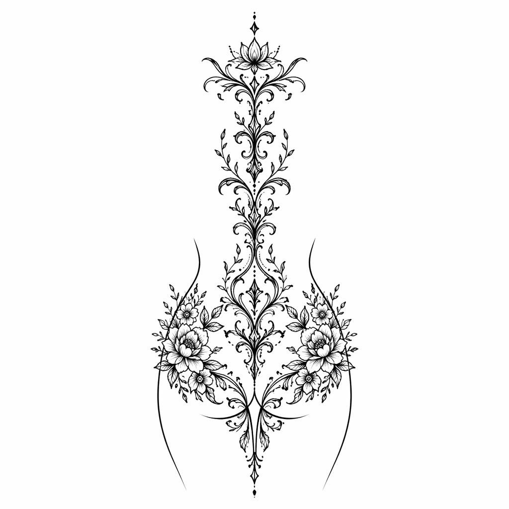 Diseño de tatuaje blackwork ornamental sobre papel blanco, líneas negras nítidas, estilo flash limpio y alto contraste.