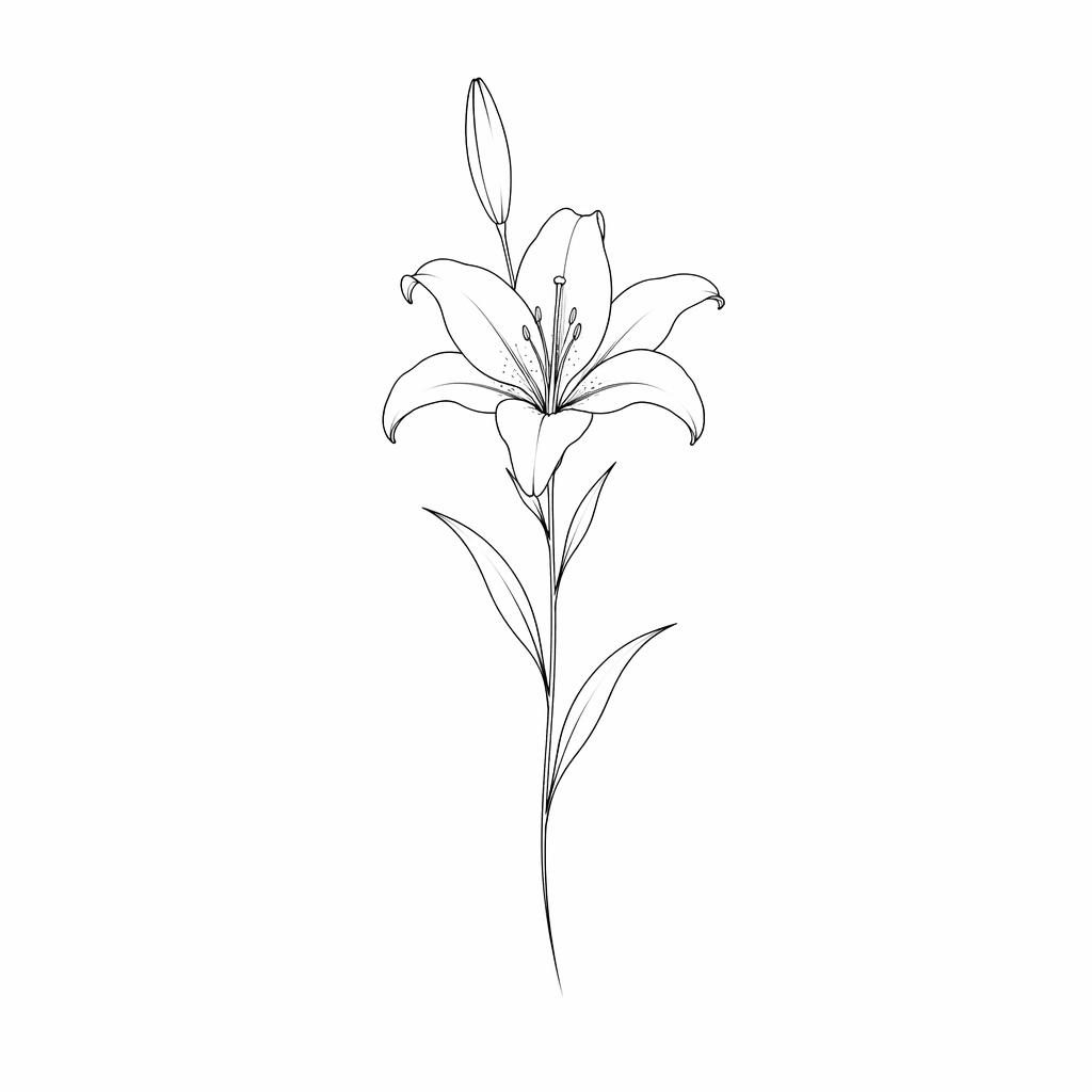 Minimalist fineline lily tattoo design sketch on white paper, clean high-contrast linework, flash-sheet style.