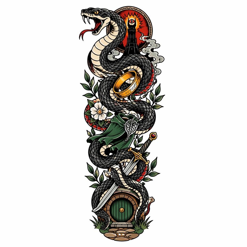 Tattoo-Design auf weißem Papier: Schlange windet sich armförmig im Traditional-American-Flash-Stil.