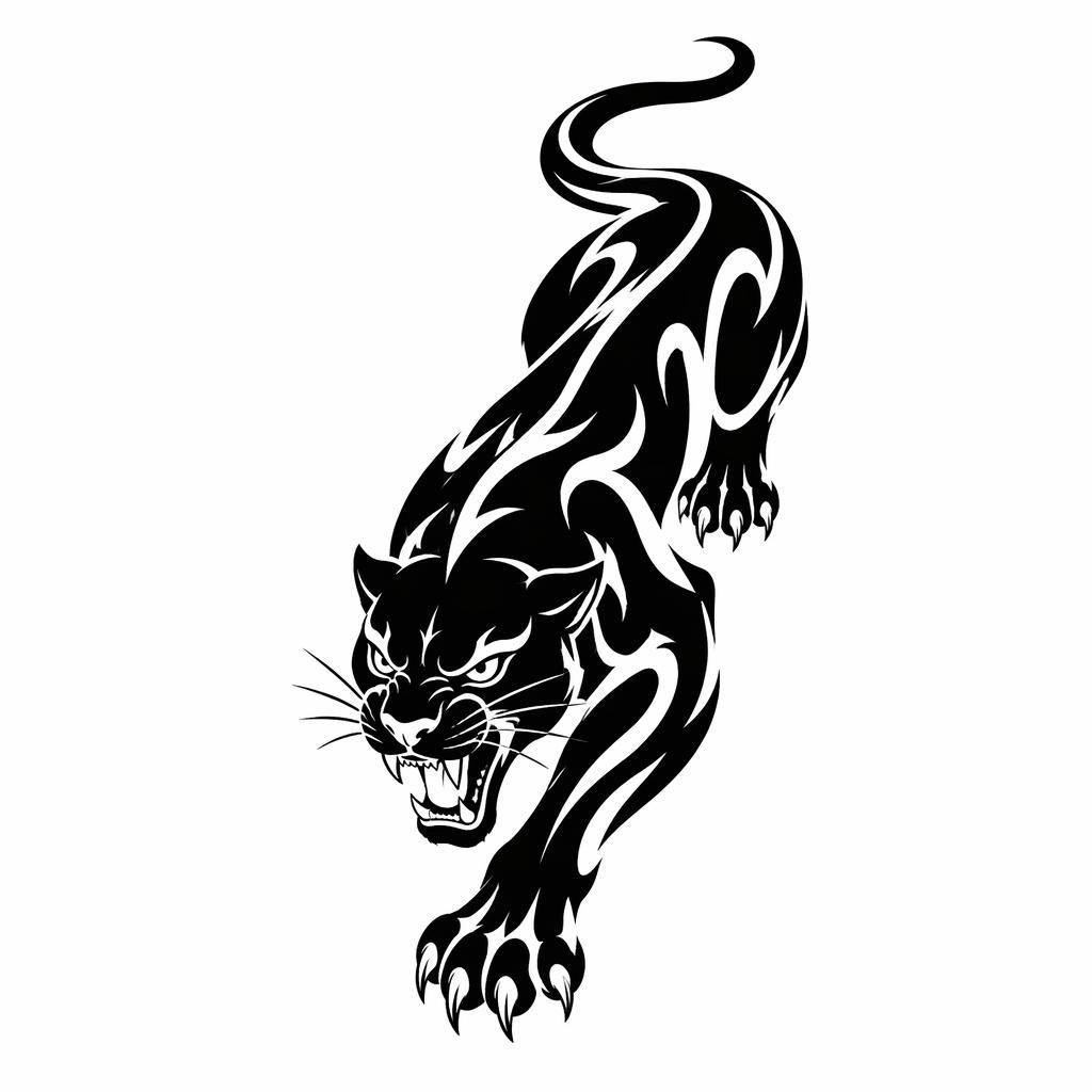 Black tribal panther crawl tattoo design on white paper, sharp high-contrast lines, clean flash-sheet illustration.