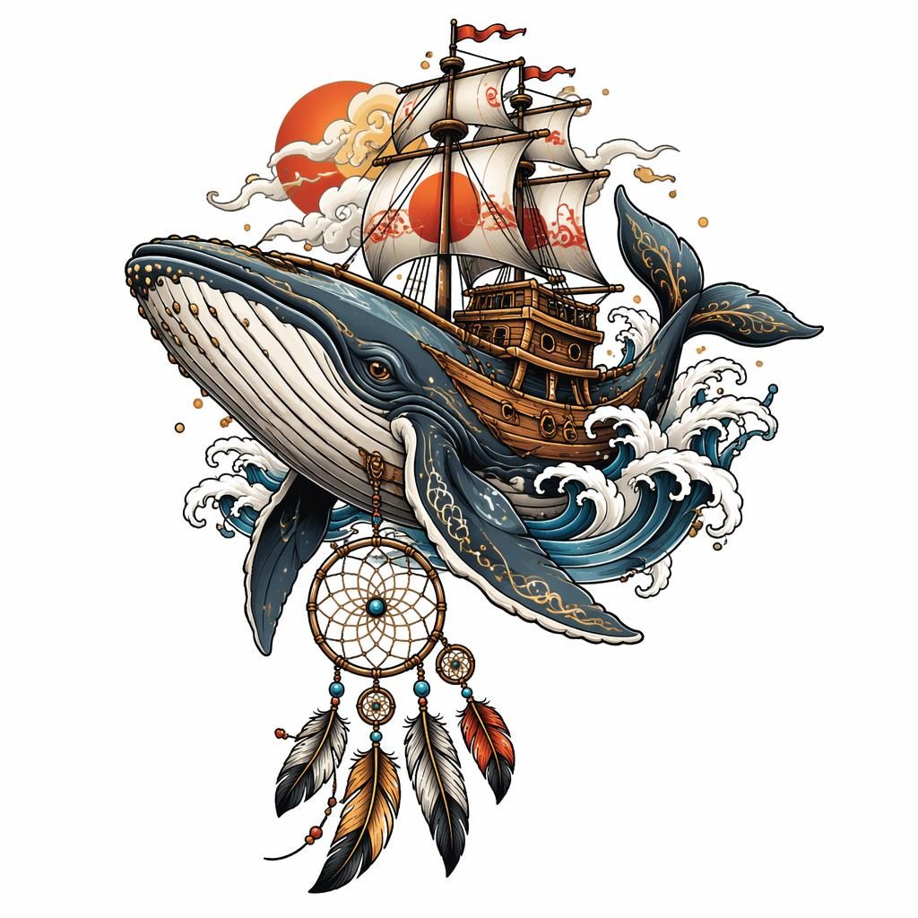 Neo traditional whale ship tattoo flash on white paper in Japanese irezumi style with bold lines and high contrast.