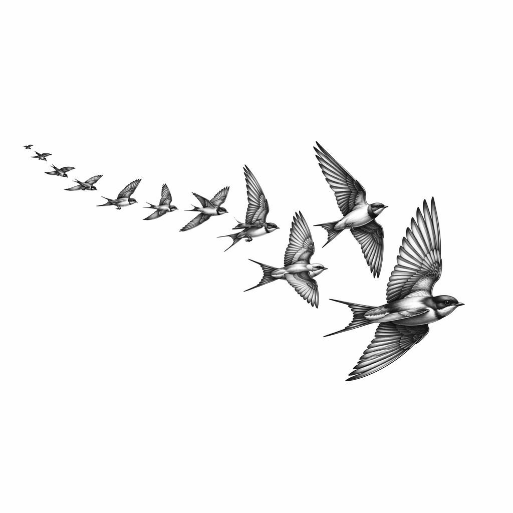 Tattoo-Design auf weißem Papier mit realistischem Vogelschwarm entlang des Schlüsselbeins, klar gezeichnet