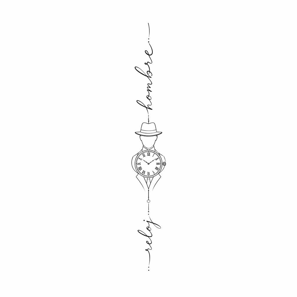 Diseño de tatuaje fineline en papel blanco con lettering cursivo vertical estilo spine, líneas limpias y alto contraste.