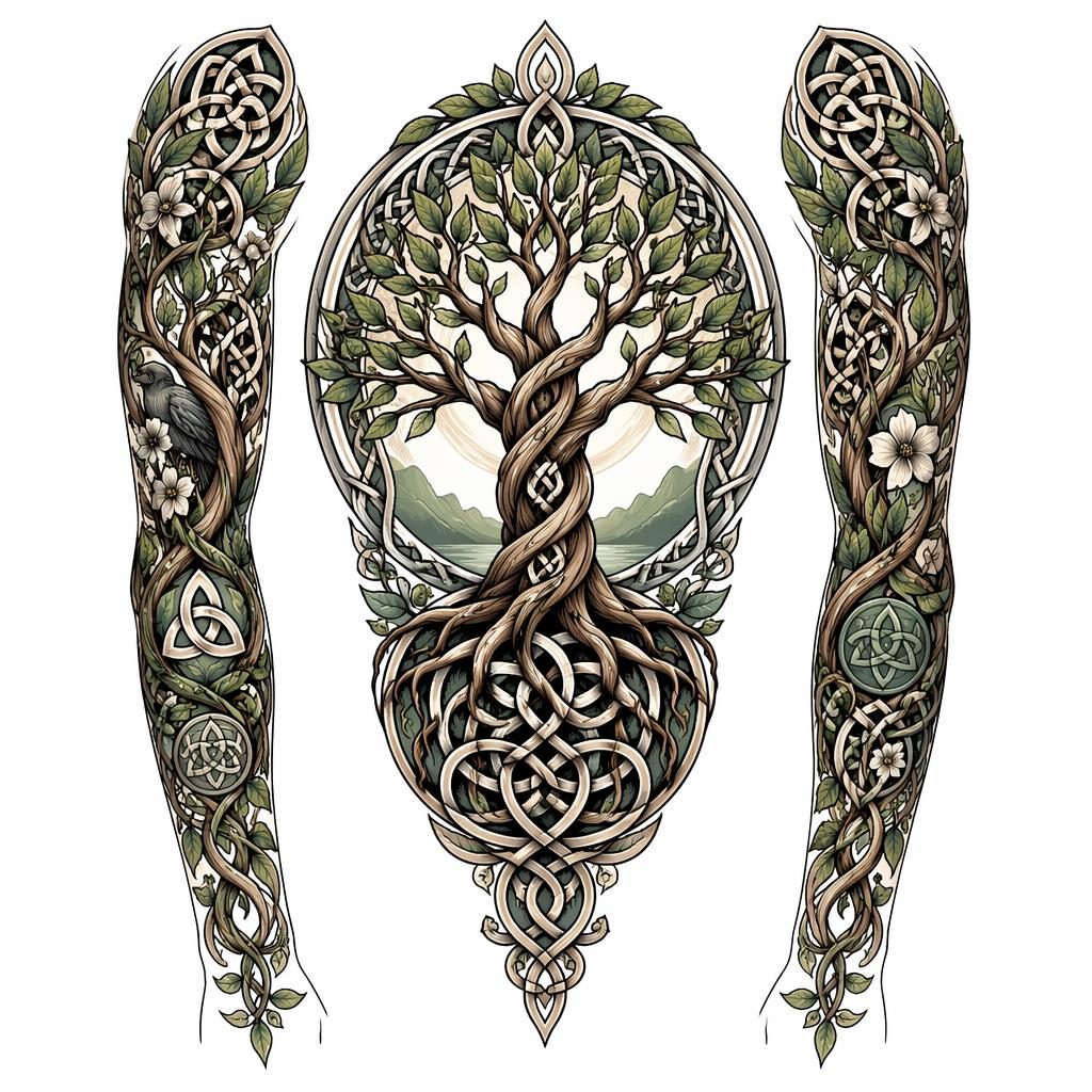 Diseño de tatuaje en papel blanco con árbol de la vida celta estilo neo-traditional, líneas nítidas y alto contraste.