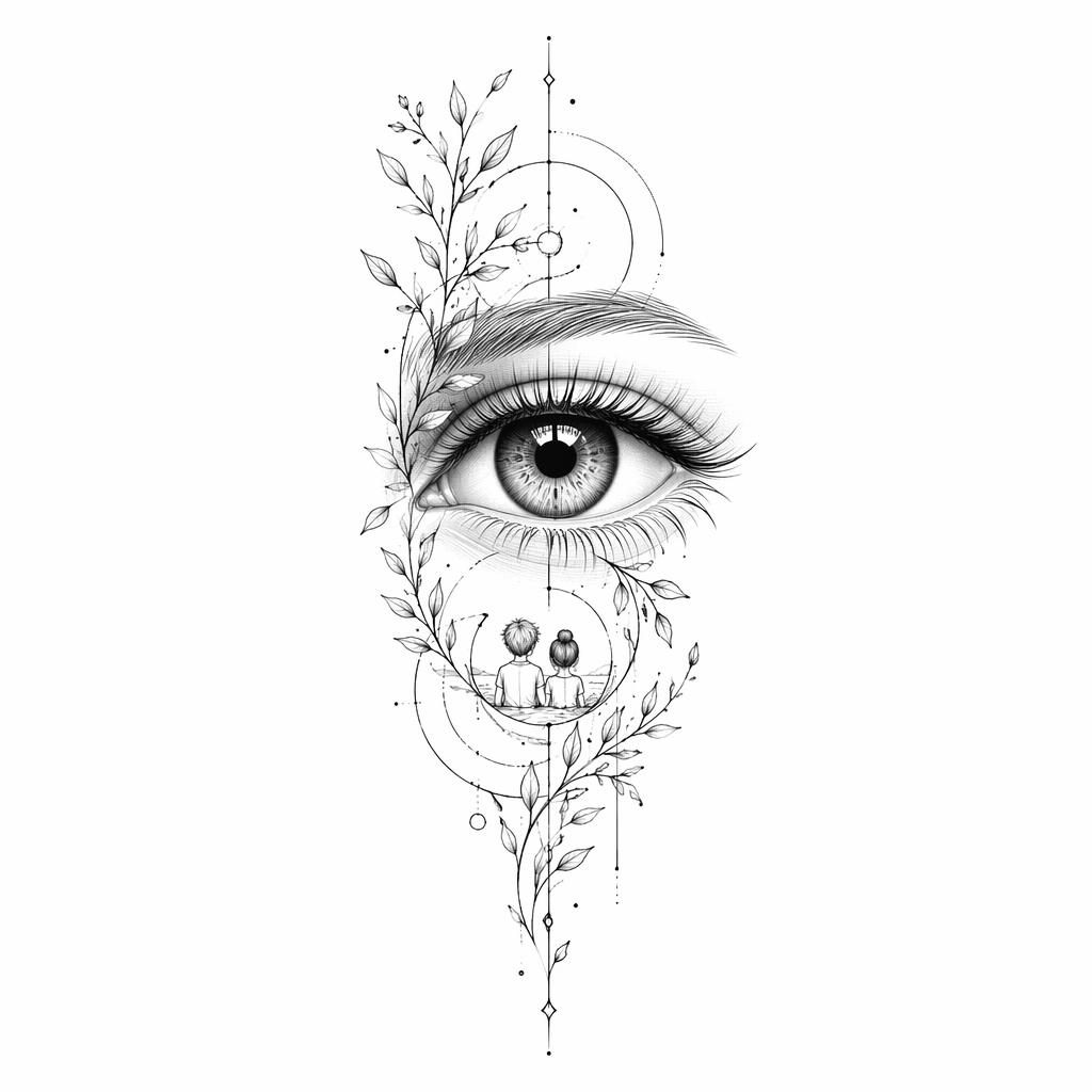 Tattoo-Design auf weißem Papier mit makro Realismus-Auge in Fineline, kontrastreich und als Flash-Sheet gezeichnet.