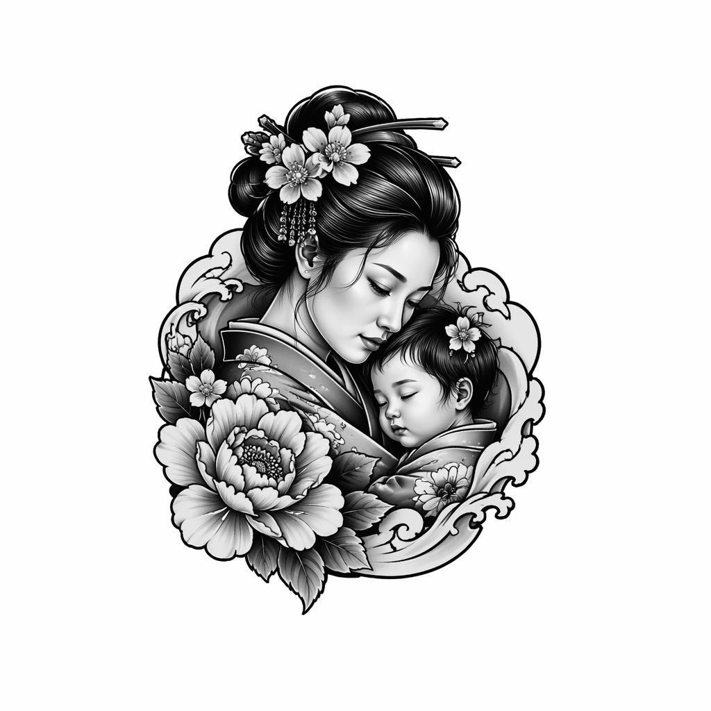 Concept de tatouage sur papier blanc, portrait réaliste mère-enfant en style irezumi, mini format, lignes nettes.