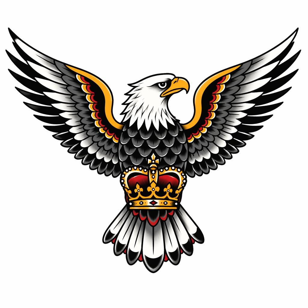 Traditionelles Eagle-Back-Tattoo-Design mit Krone auf weißem Papier, klare Linien, hoher Kontrast, Flash-Stil