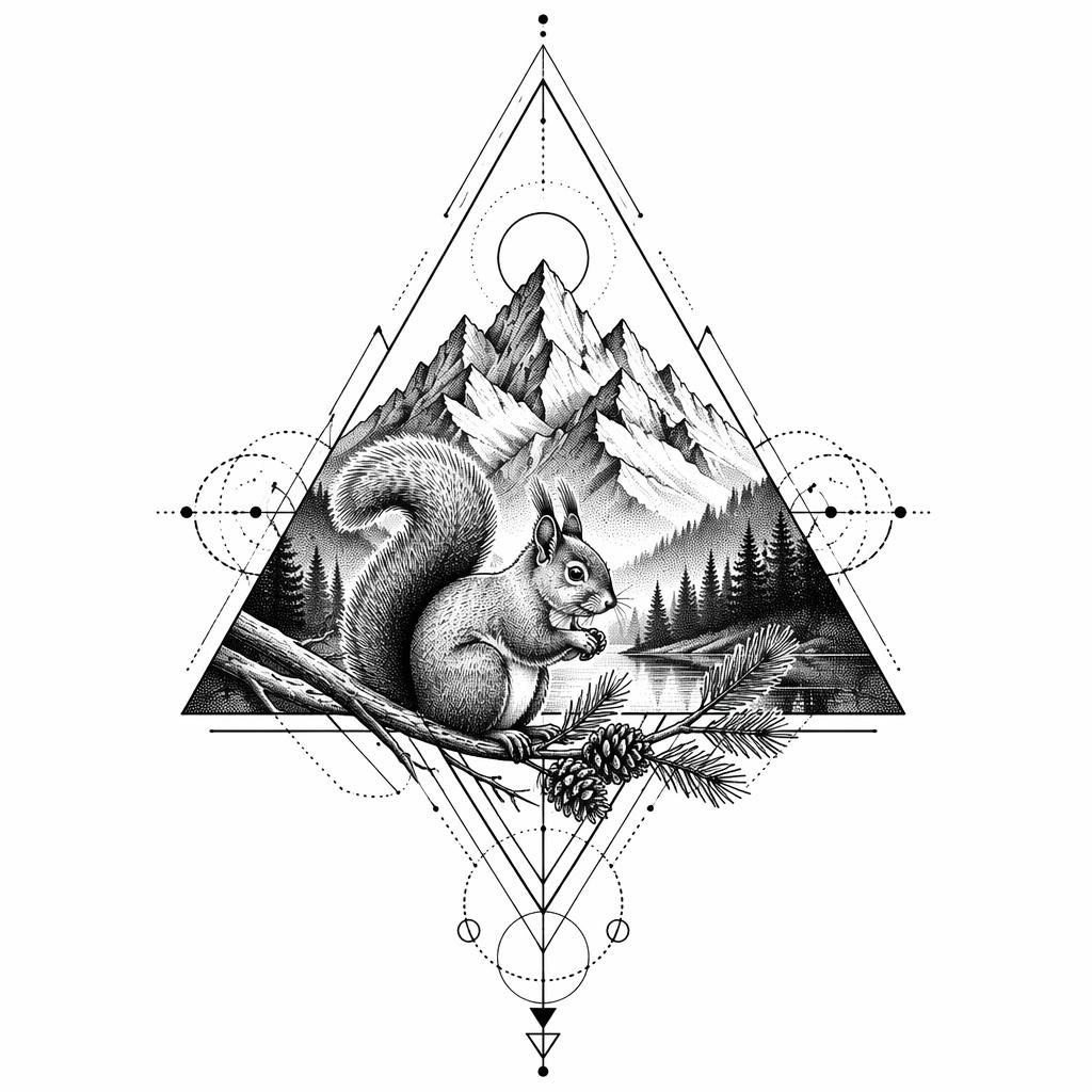 Geometrisches Tattoo-Design eines Bergdreiecks in Dotwork auf weißem Papier, klare Linien, hoher Kontrast