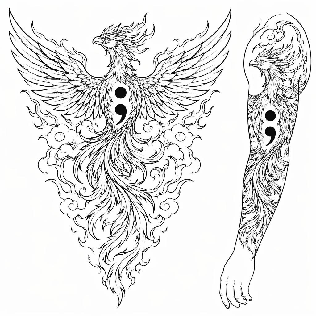 Tattoo flash design on white paper showing a Japanese phoenix back concept with sharp linework in script lettering style.