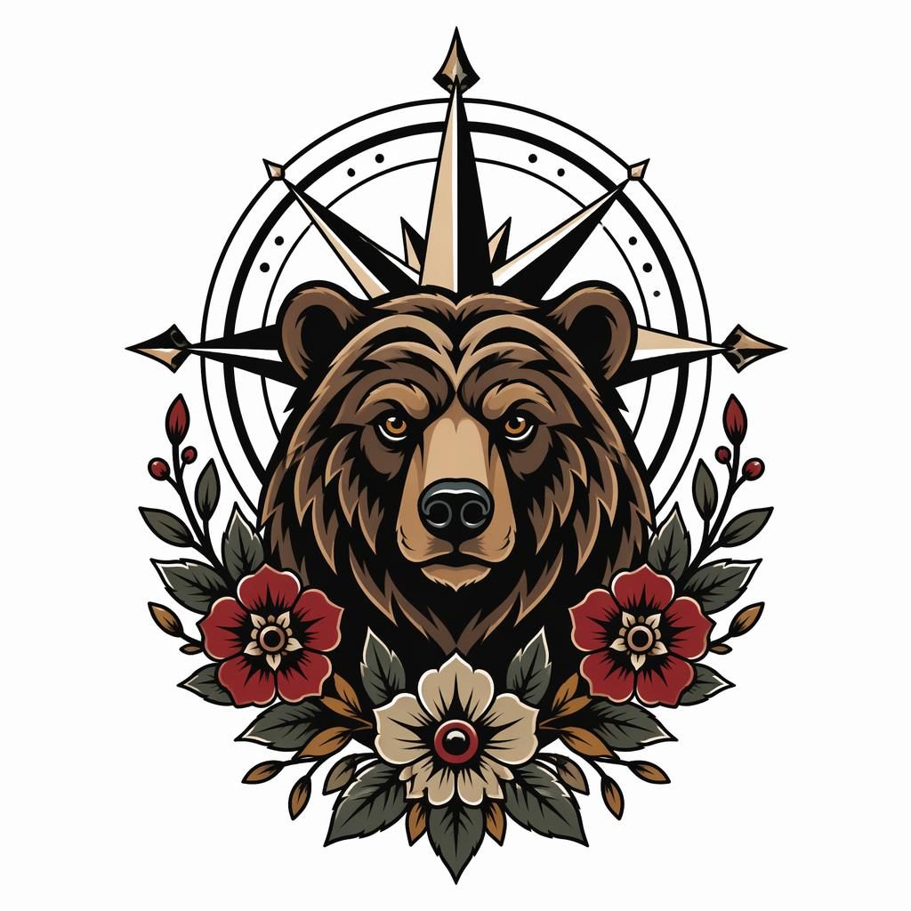Tattoo flash illustration on white paper showing a neo traditional bear with floral tribal elements and compass rose details.