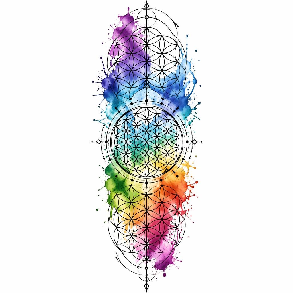 Watercolor splash flower of life sacred geometry tattoo design on white paper with sharp black lines and clean flash-sheet style