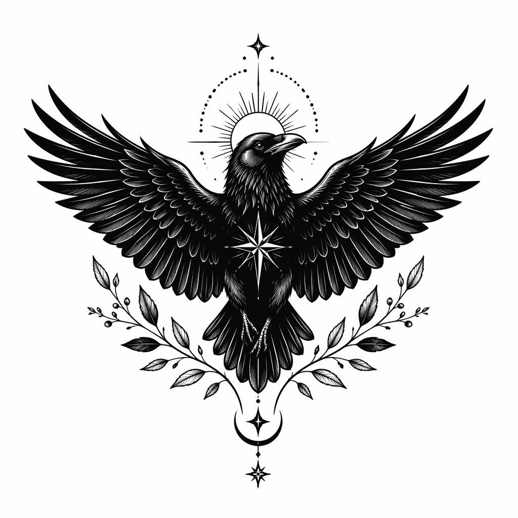 Blackwork-Rabenmotiv mit ausgebreiteten Flügeln als neo-traditionelle Tattoo-Zeichnung auf weißem Papier