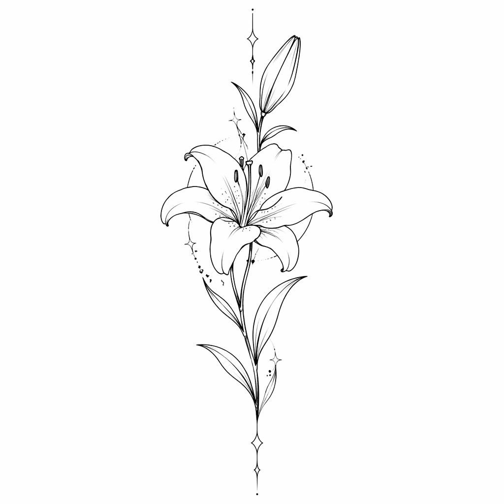 Dessain de tatouage de lys minimaliste fineline sur papier blanc, lignes nettes, style flash neo-traditionnel.