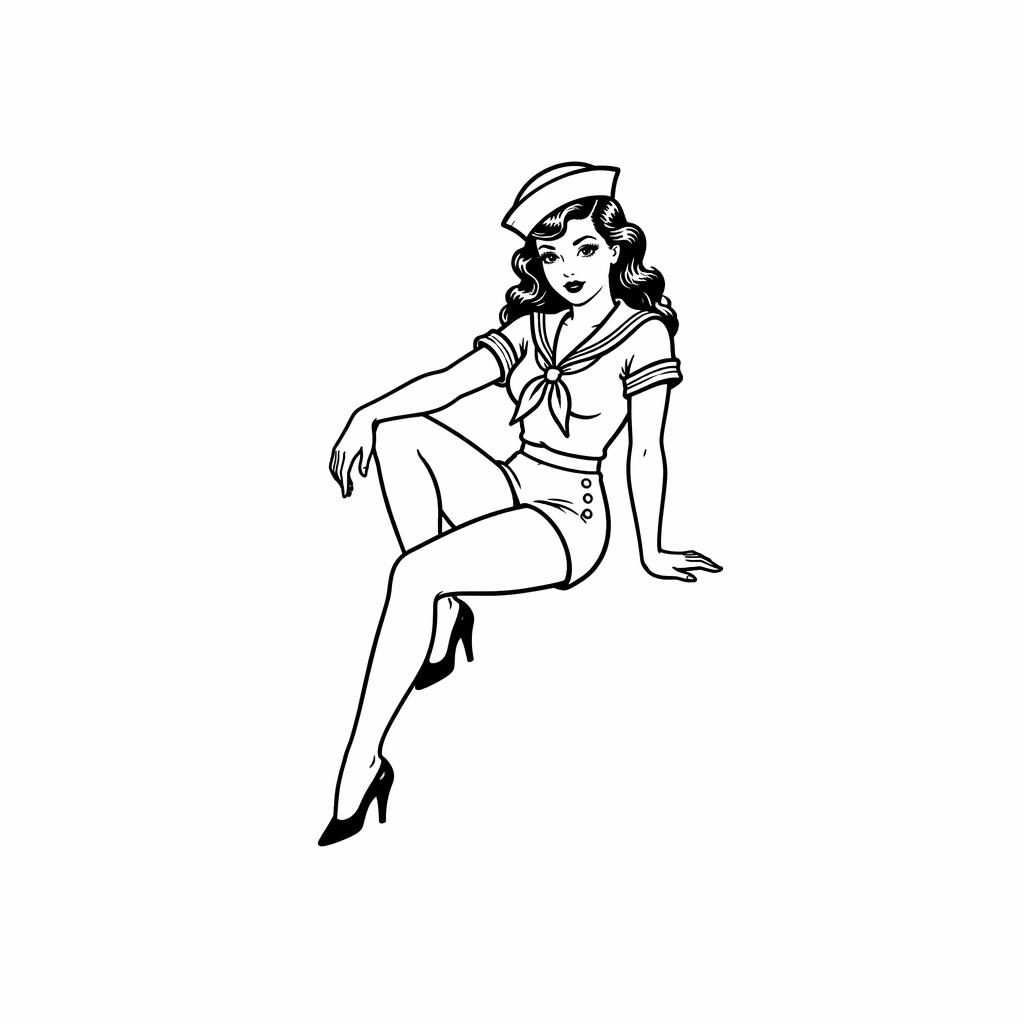 Fineline minimalist Sailor Jerry pinup tattoo design on white paper, tiny flash-style line art with sharp high contrast.