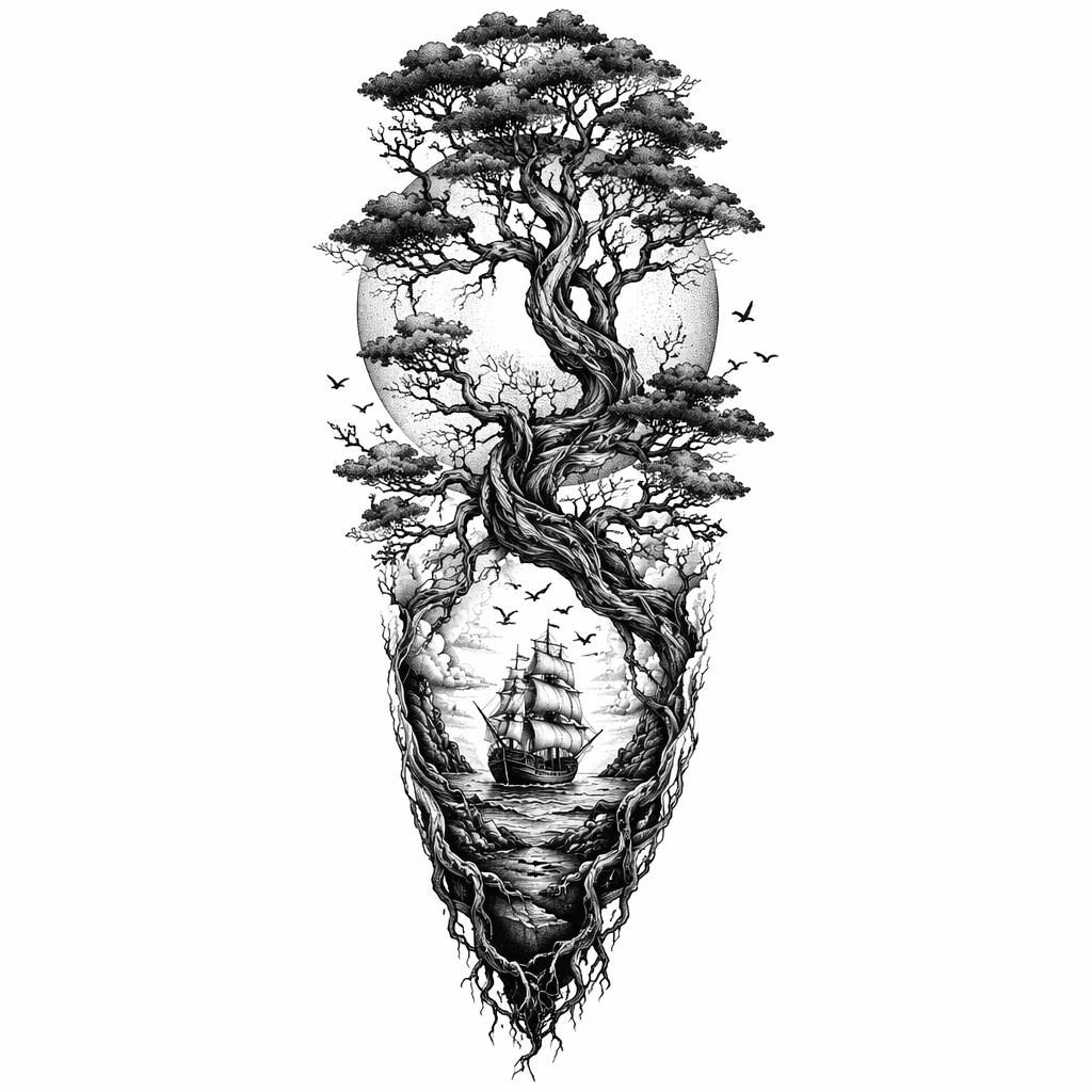 Tattoo-Design auf weißem Papier: schwarzer Blackwork-Dotwork-Baum als klare Full-Sleeve-Panel-Zeichnung