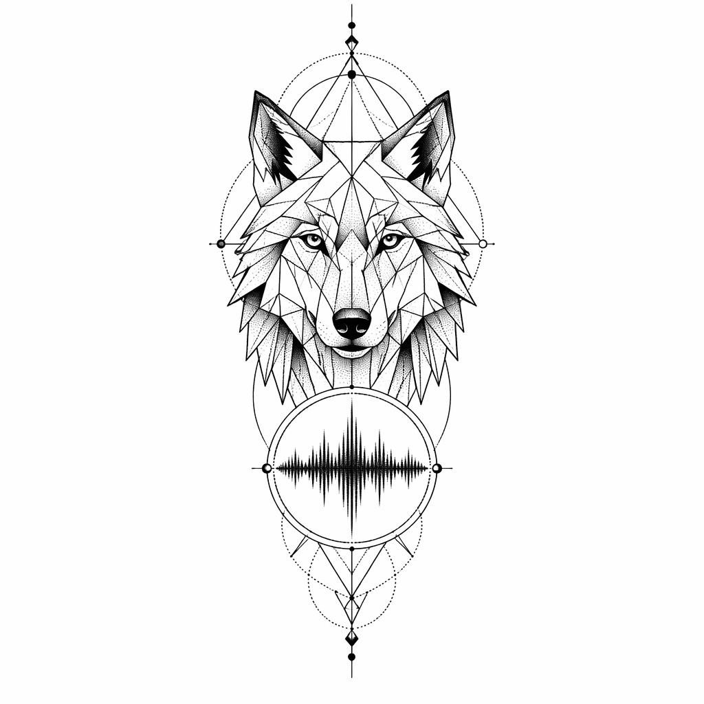 Blackwork geometric wolf tattoo concept on white paper, drawn in sharp lines and dotwork flash-sheet style.