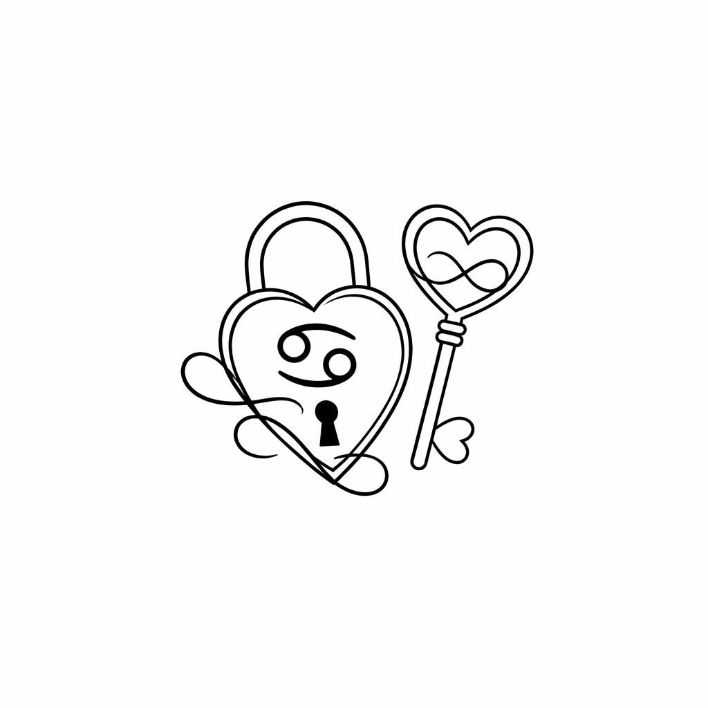 Tiny lock and key tattoo design on white paper, clean flash-style line art for wrist placement, high contrast, no shading.