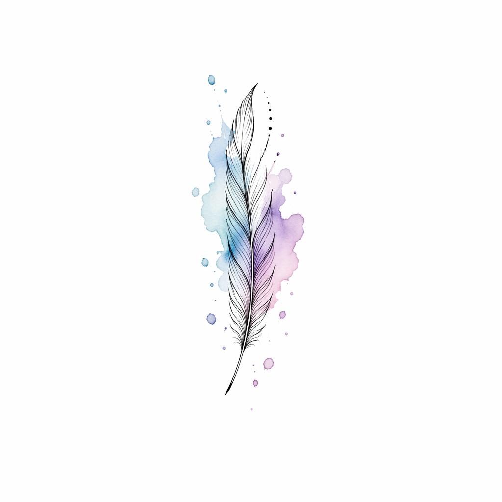 Minimalist fineline feather tattoo design on white paper with watercolor splash accents, sharp lines, plain white background.