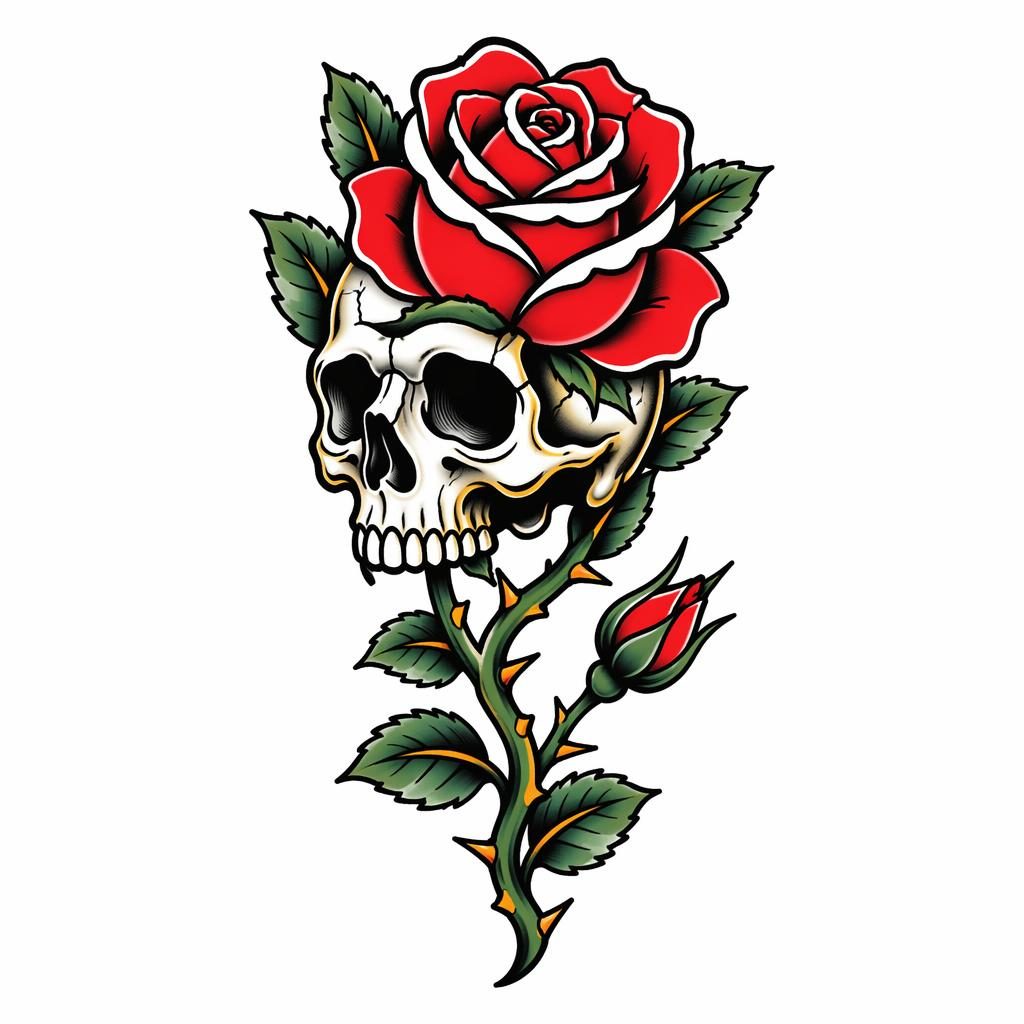 Neo-traditional skull and rose tattoo flash design on white paper with bold black lines and high contrast.