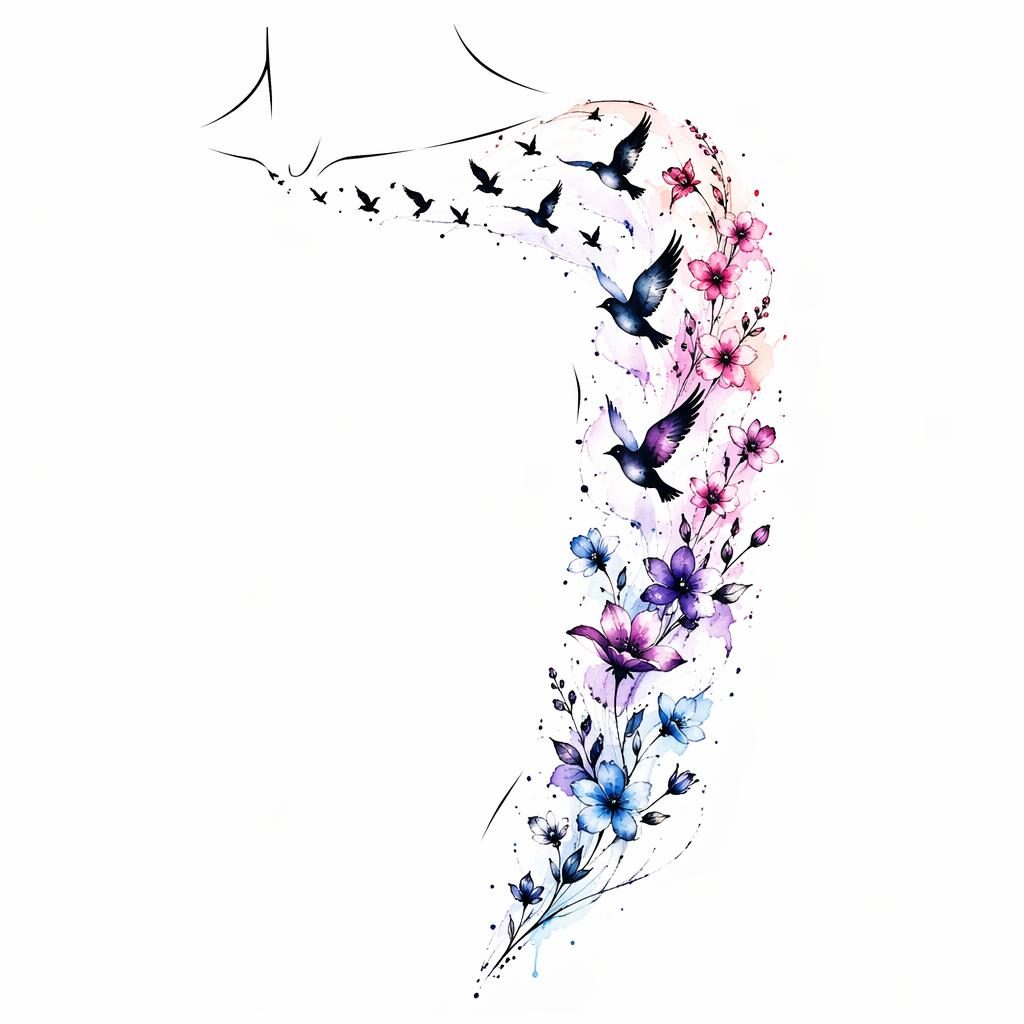 Tattoo flash illustration on white paper showing a bird flock collarbone trail in watercolor splash style with sharp lines