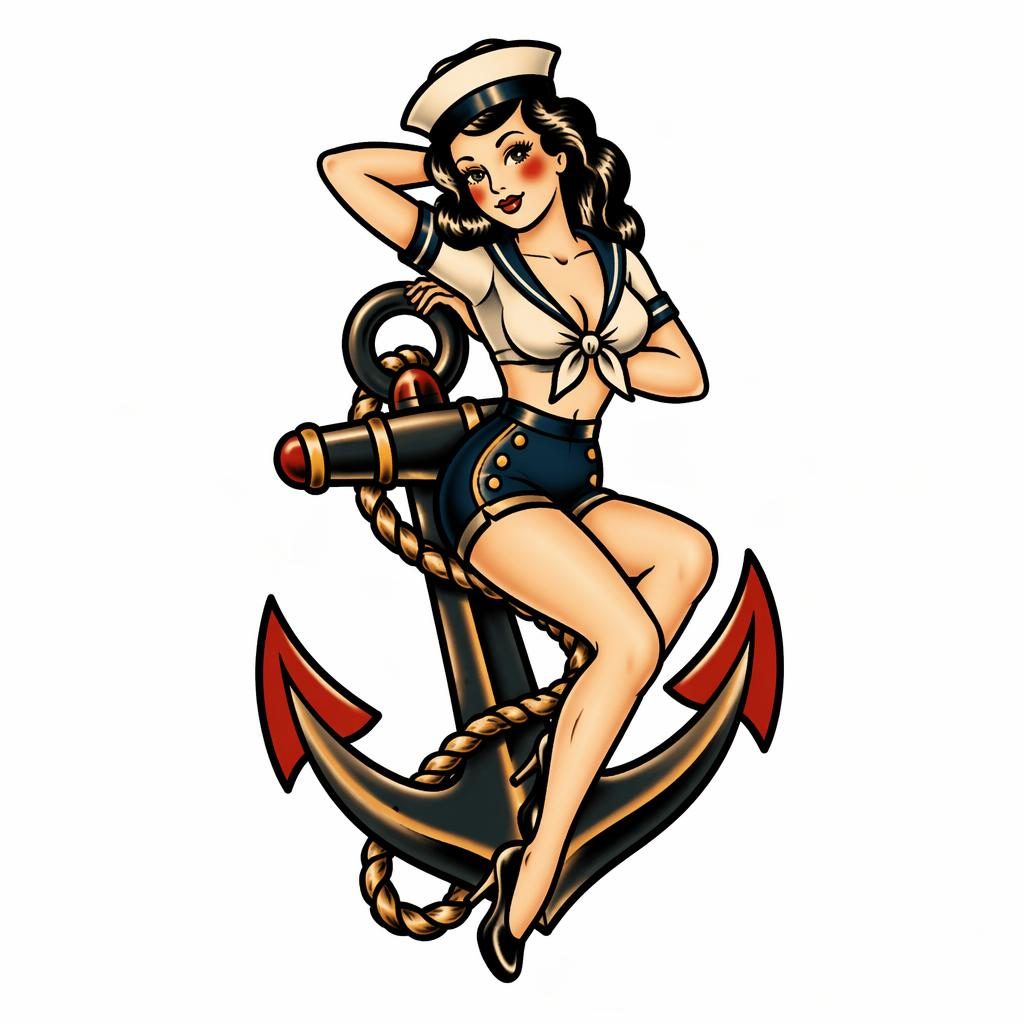 Tattoo-Design auf weißem Papier mit Sailor-Jerry-Pin-up und Anker, klare Linien, hoher Kontrast, Flashsheet-Stil
