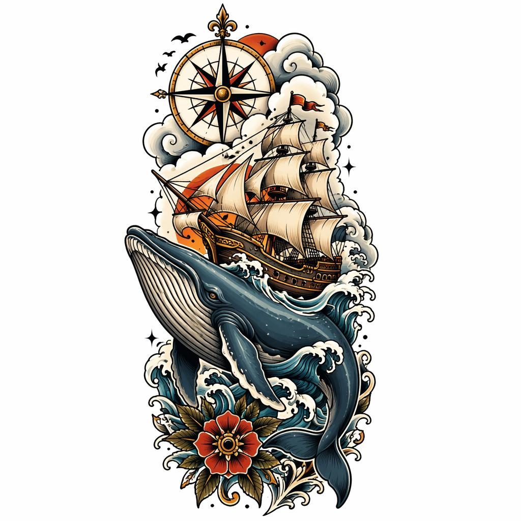 Ilustración de tatuaje neo tradicional de una ballena barco en papel blanco, líneas nítidas y alto contraste.