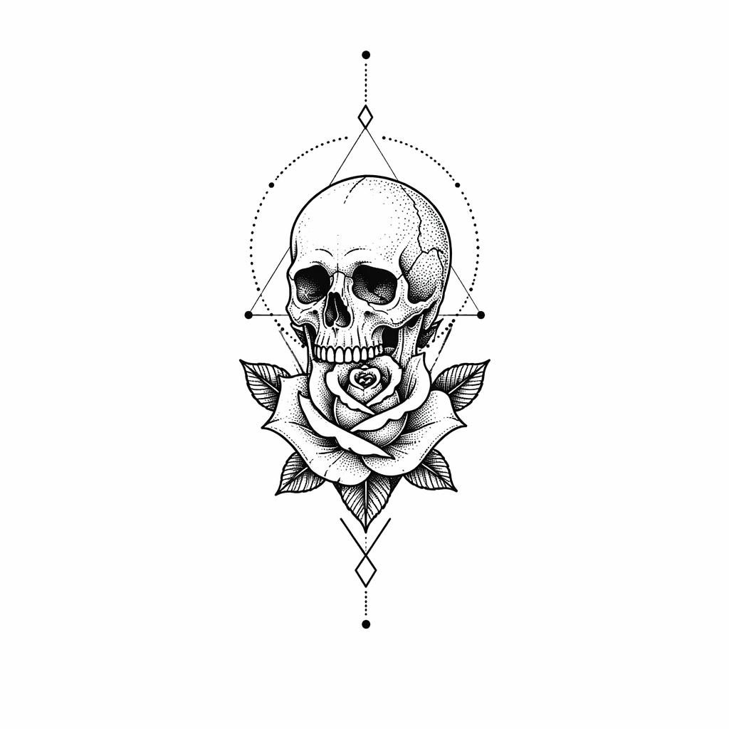 Kleine Tattoo-Vorlage auf weißem Papier: traditionelle Skull-Rose, geometrisch und in Dotwork, mit scharfen Linien.