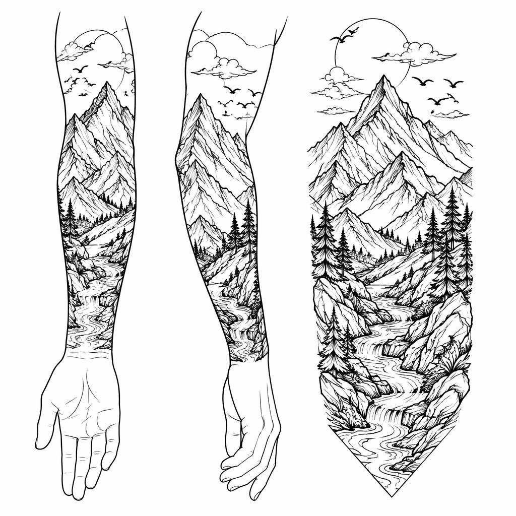 Tattoo-Design auf weißem Papier mit Bergkette in klarer Linework, neo-traditional, kontrastreich und sauber gezeichnet.