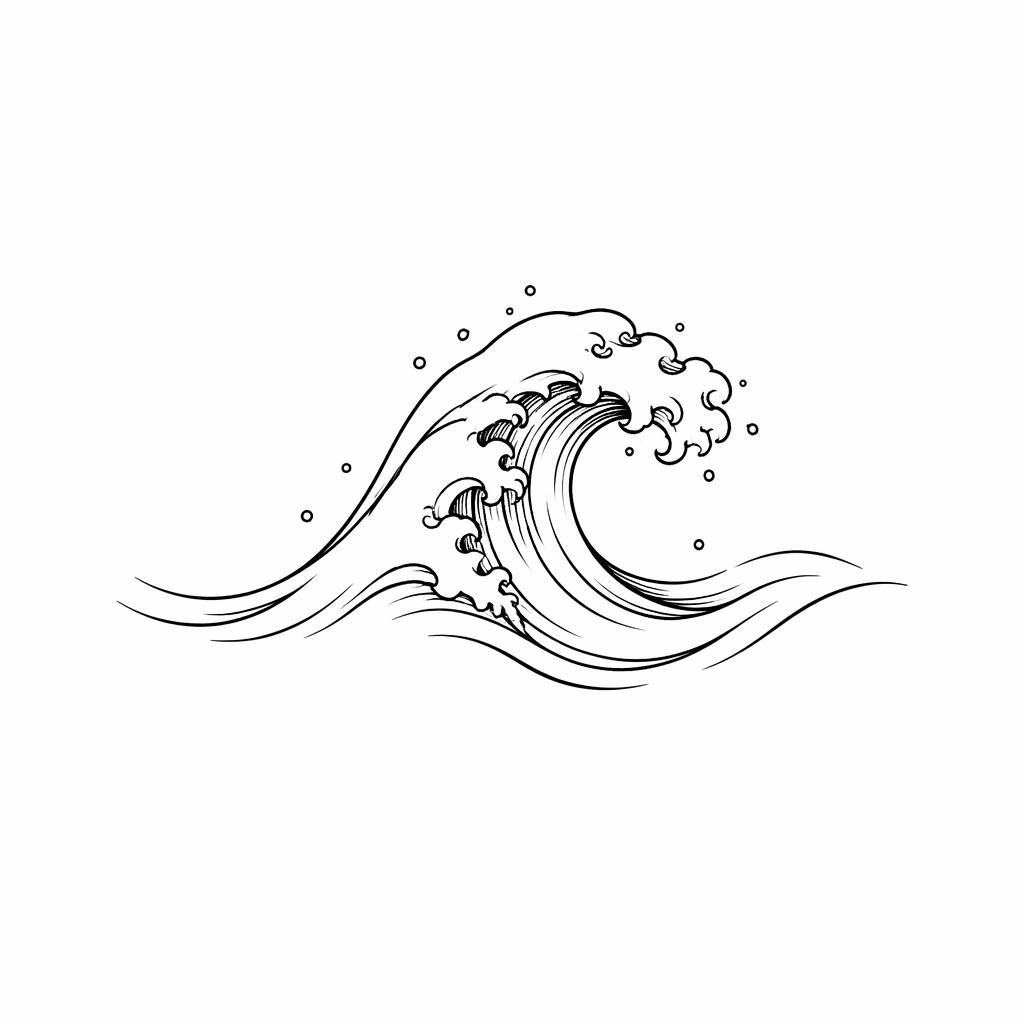 Diseño de tatuaje de ola minimalista fineline en papel blanco, estilo neo-tradicional, líneas nítidas y alto contraste.