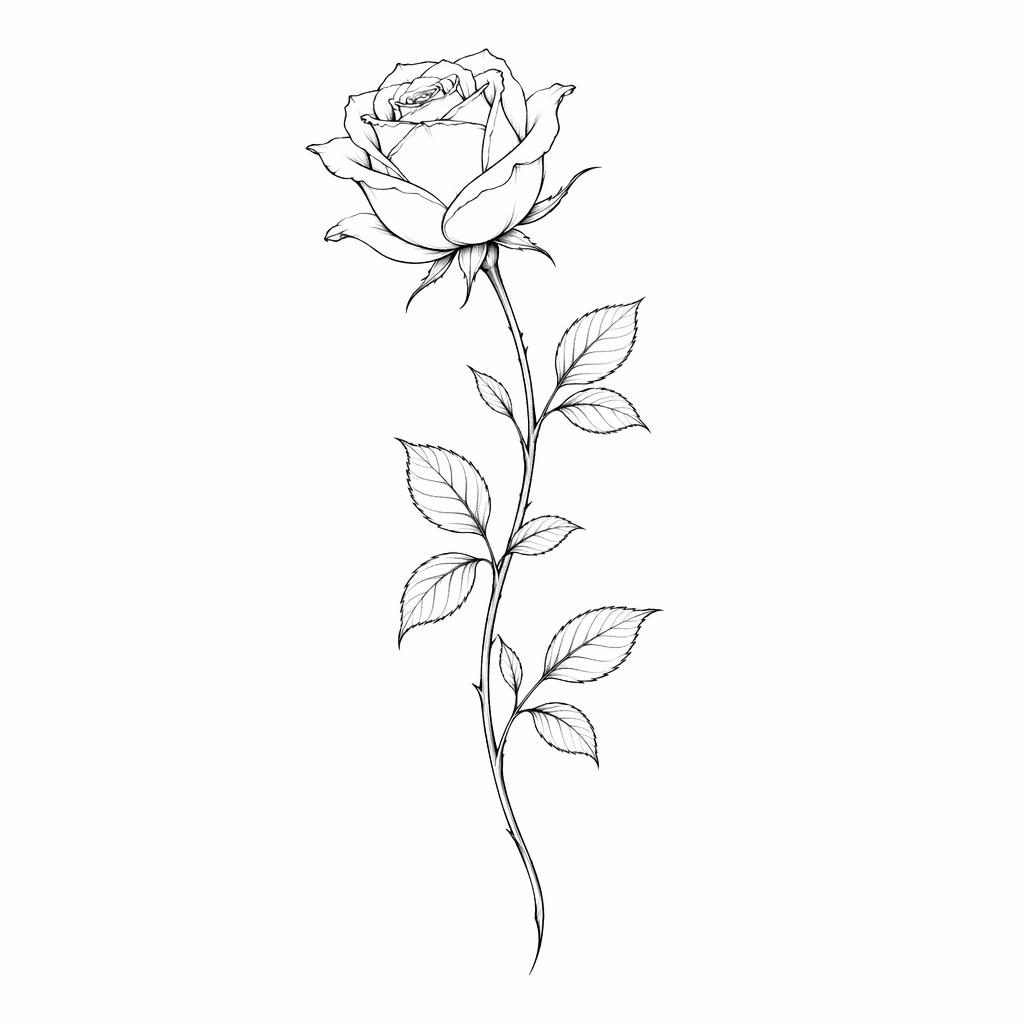 Minimalist fineline rose tattoo design sketched on white paper with sharp black linework and clean flash-sheet style.