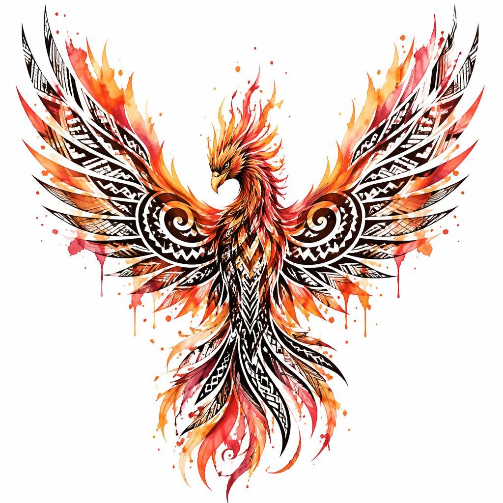 Tattoo-Entwurf eines aufsteigenden Phoenix auf weißem Papier, Aquarell-Splash, klare Konturen, Flash-Sheet-Stil.