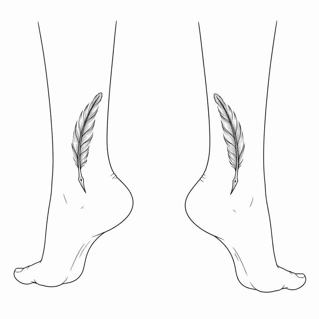 Feather quill tattoo design sketch on white paper with clean black linework, sized as a small flash-style concept