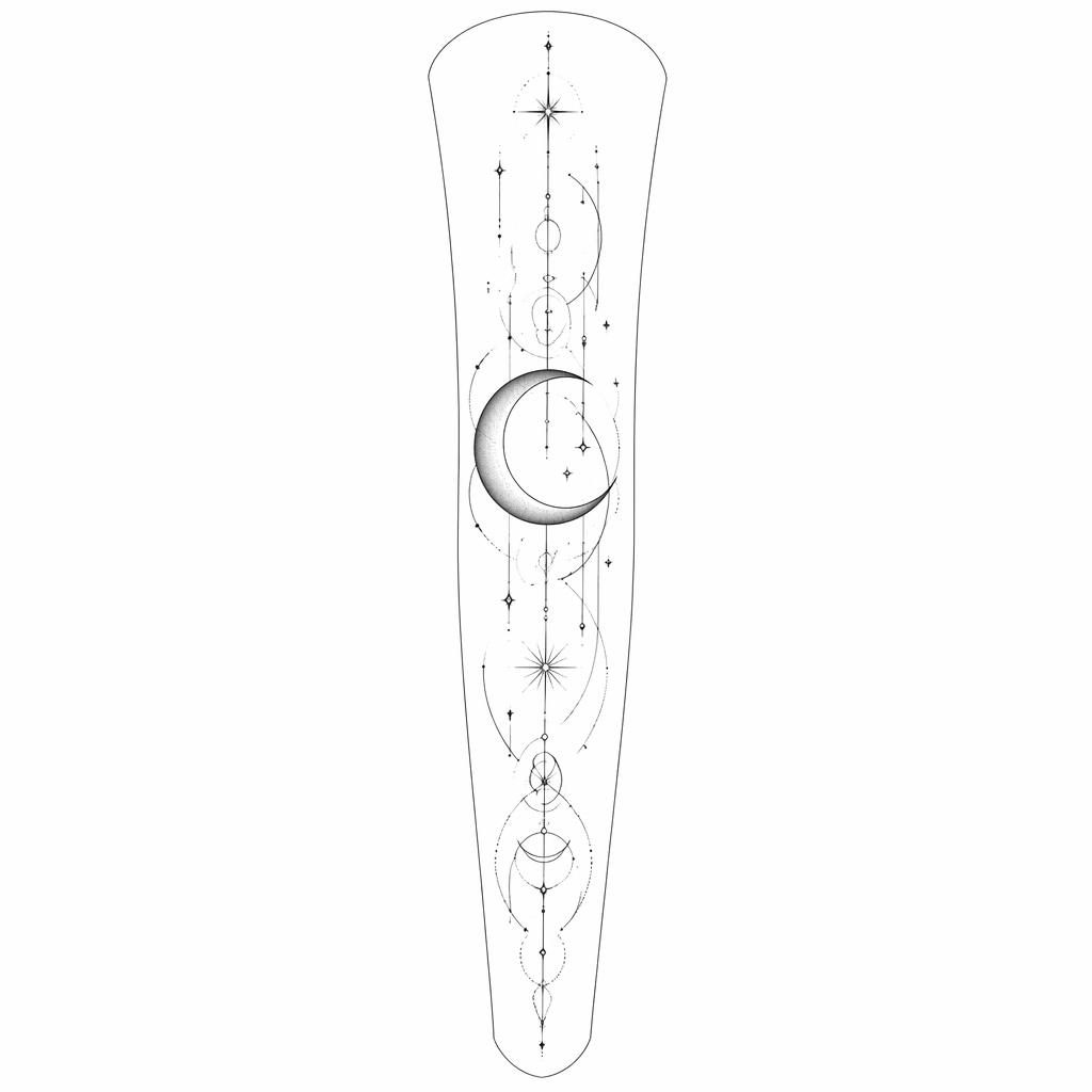 Minimalistischer Fineline-Halbmond als Tattoo-Entwurf auf weißem Papier, klare Linien, hoher Kontrast, Flashsheet-Stil
