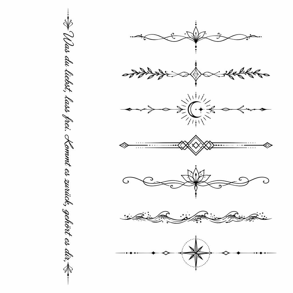 Sauberes Tattoo-Design auf weißem Papier mit filigranem Cursive-Lettering, als Flashsheet mit scharfen Linien.