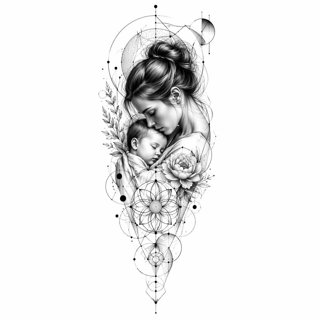 Tattoo-Design auf weißem Papier: realistisches Mutter-Kind-Porträt in Geometric- und Dotwork-Stil, klar gezeichnet.