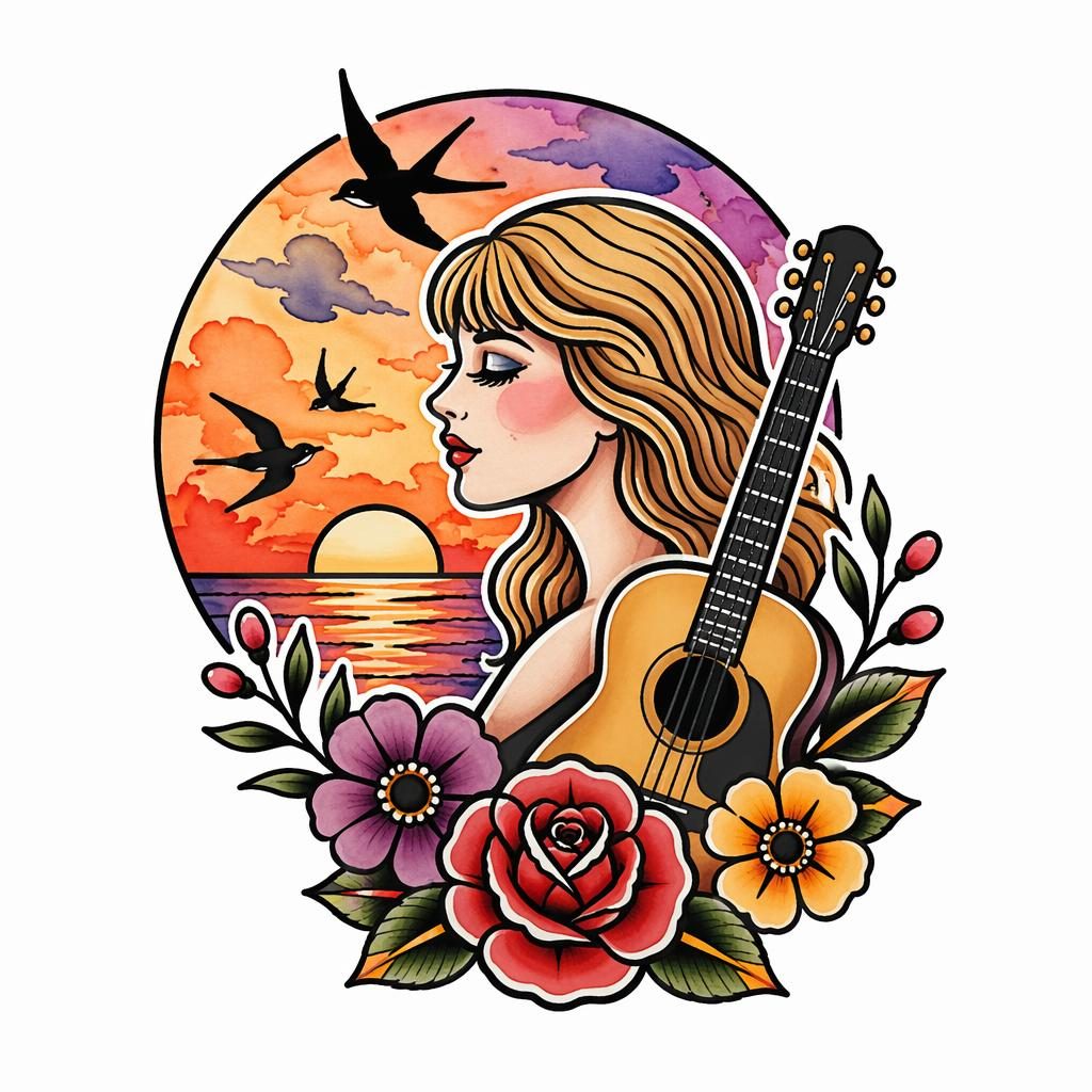 Traditional American tattoo flash concept on white paper with a watercolor sunset palette, sharp lines, and clean high-contrast design.
