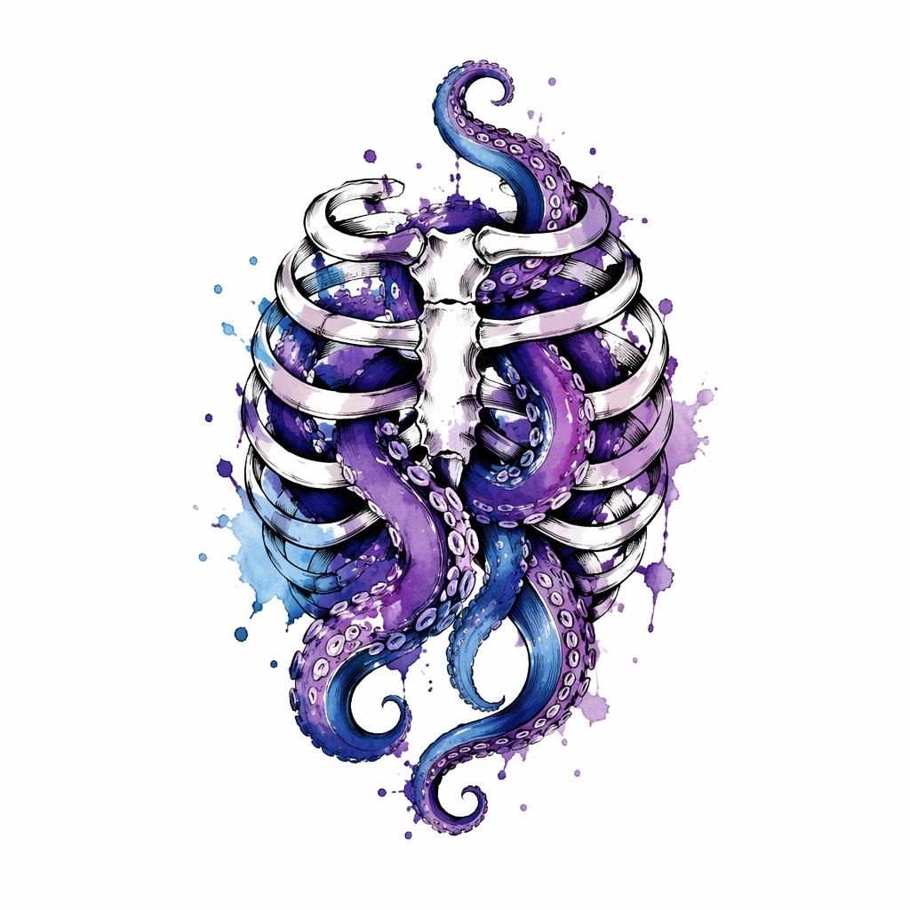 Tattoo-Entwurf auf weißem Papier mit Oktopus-Tentakeln in Rippenform, Aquarell-Splash, klare Konturen