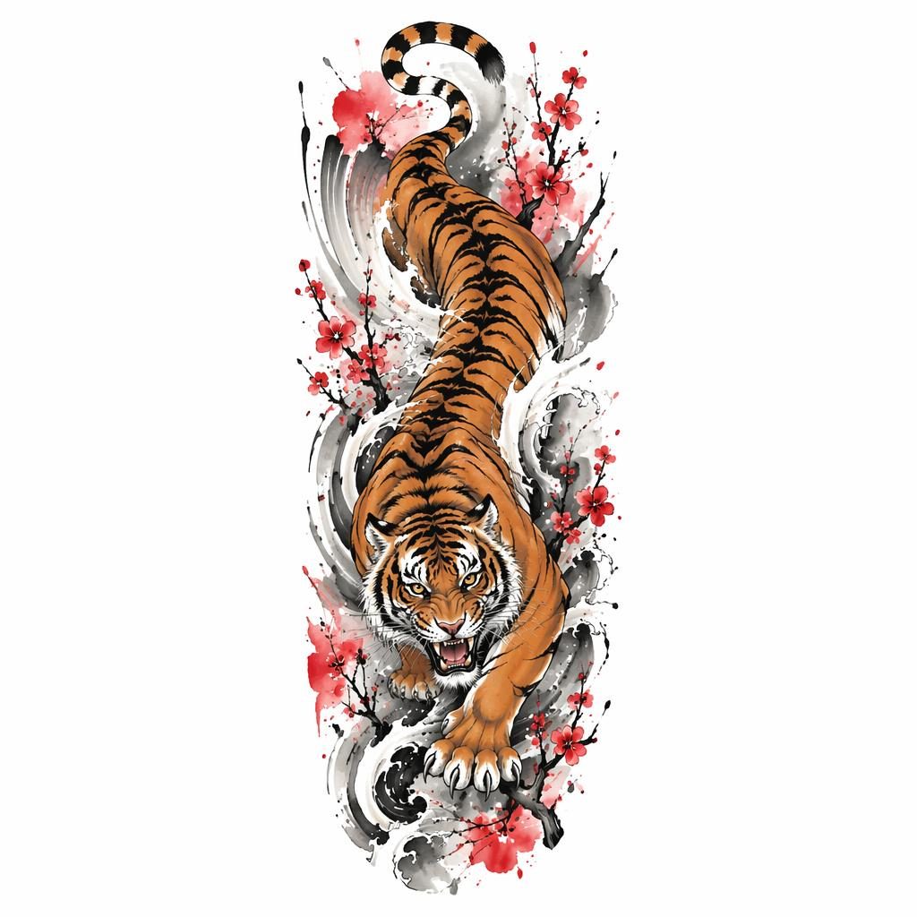 Tattoo-Design auf weißem Papier: kriechender japanischer Tiger im Aquarell-Splash-Stil, klare Linien, hoher Kontrast.