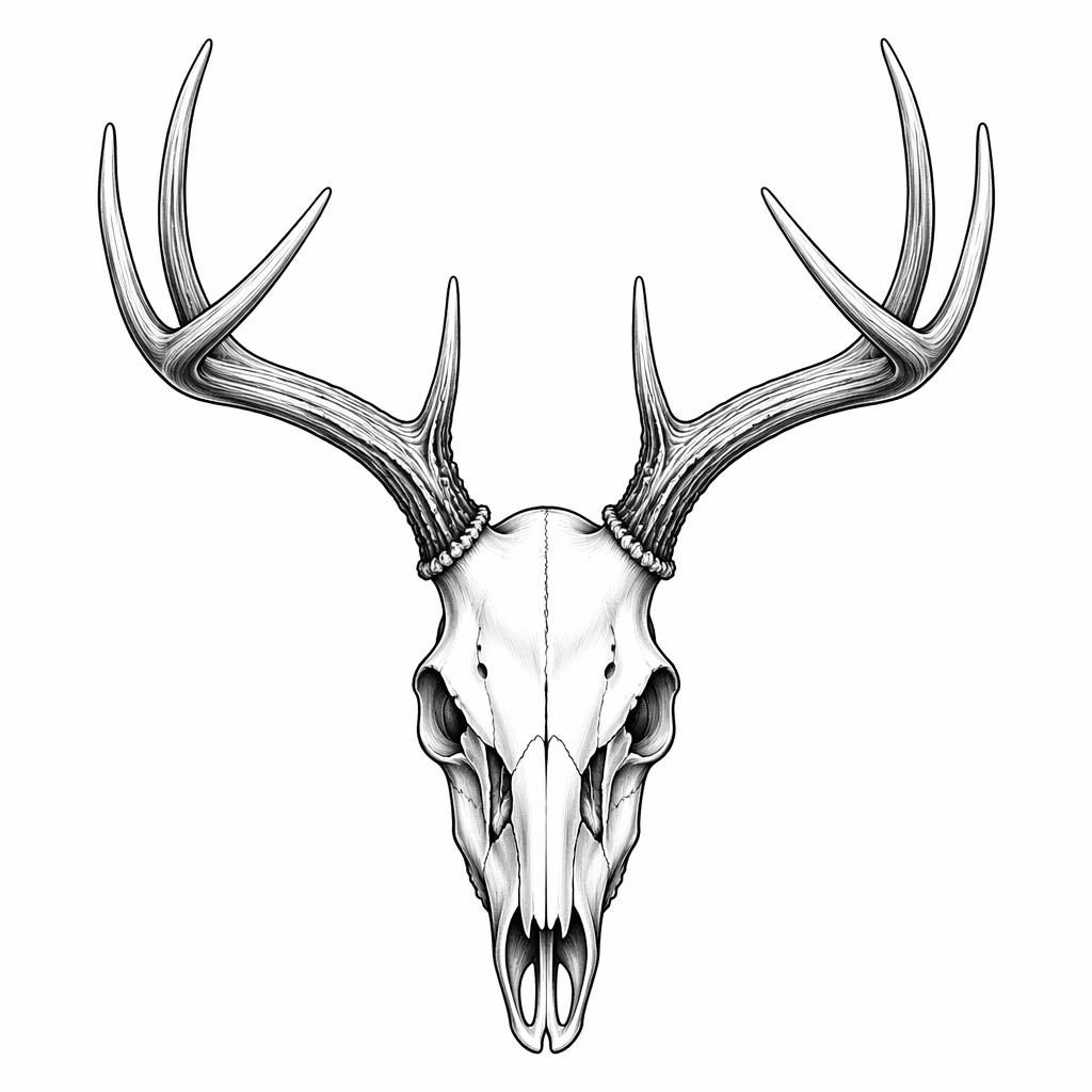 Clean black ink deer skull tattoo design concept on white paper, high contrast with sharp lines and flash-sheet style.