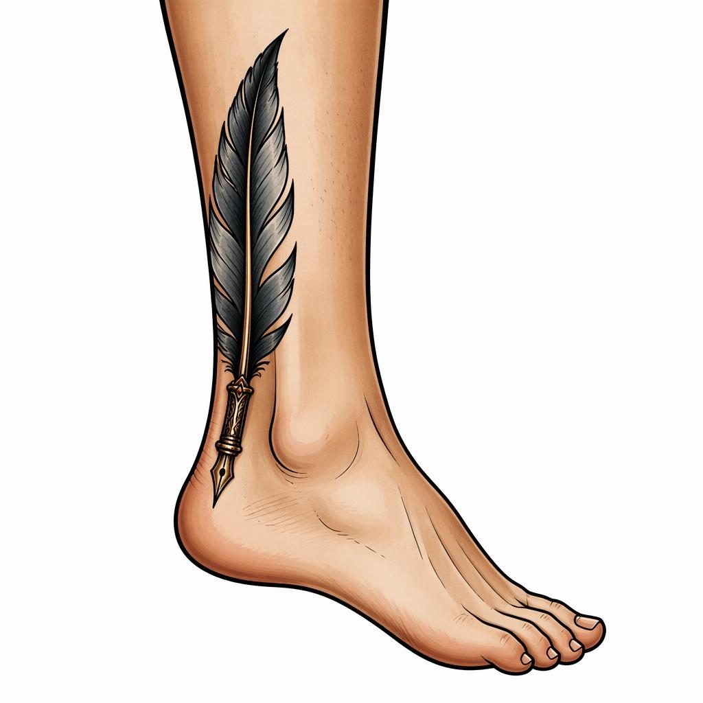 Illustration flash tattoo sur fond blanc d'une plume encrier fine, tracés nets et contrastés, concept pour petit tatouage.