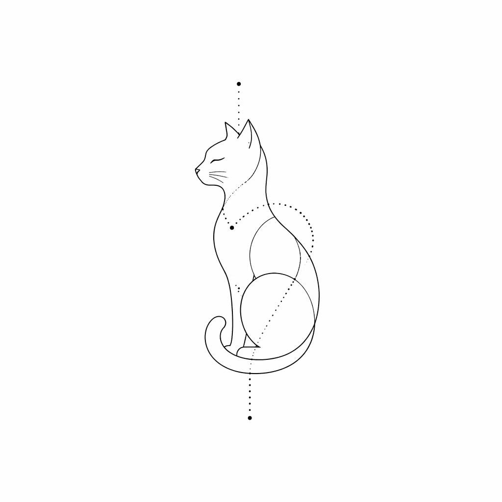 Minimalistische Fineline-Katzenkontur als geometrisches Dotwork-Tattoo-Design auf weißem Papier, klar und kontrastreich.