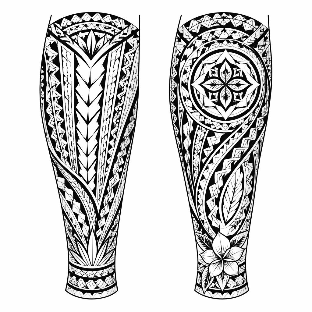 Tattoo-Design auf weißem Papier: Samoan Calf Wrap als saubere Lettering-Flash-Illustration mit scharfen Linien.