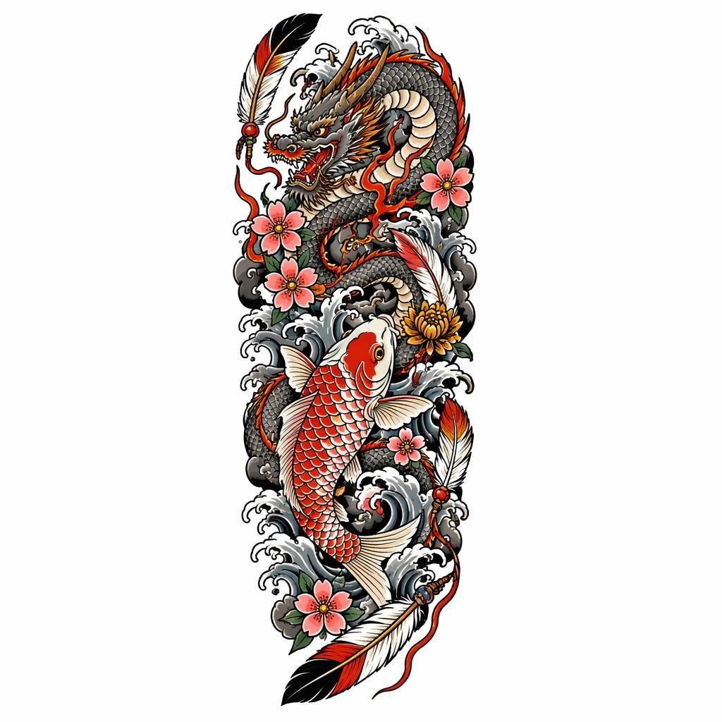 Tattoo-Flash auf weißem Papier mit Koi-Drachen-Motiv im Traditional-American-Stil, klare Linien, hoher Kontrast.