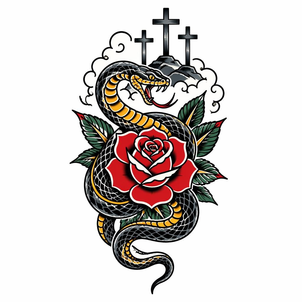 Japanese irezumi tattoo flash concept on white paper showing a traditional snake and rose with sharp black lines.