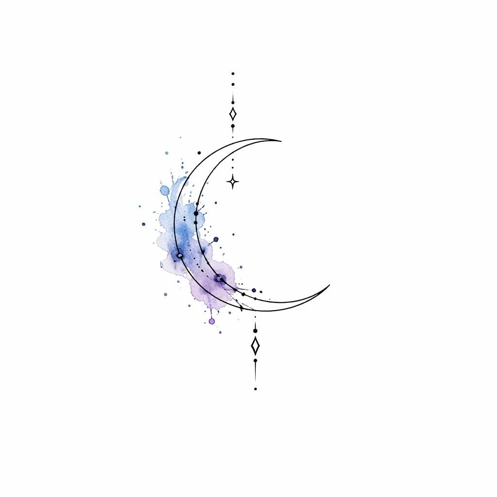 Minimalistischer Fineline-Halbmond auf weißem Papier mit Aquarell-Splash, klare Linien, Flash-Sheet-Stil