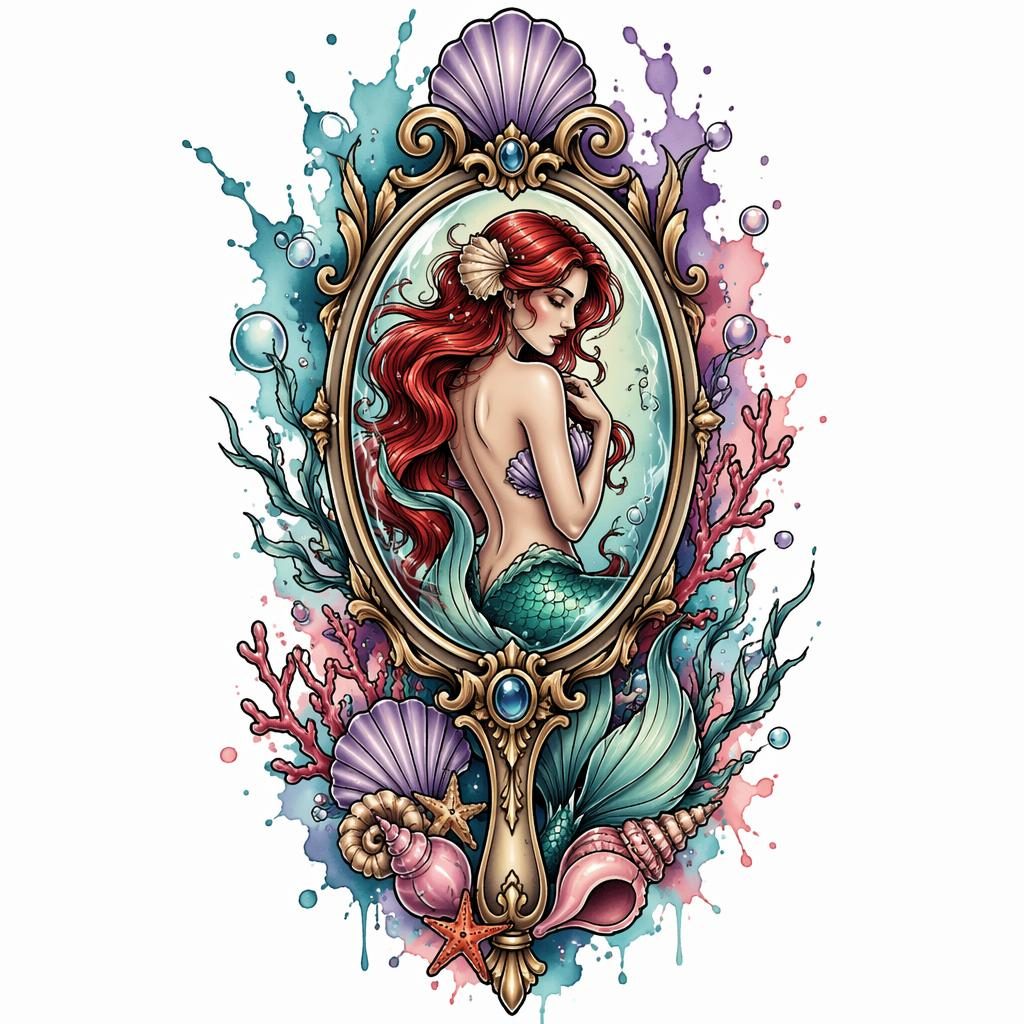 Neo traditional Venus mirror tattoo design on white paper with watercolor splash accents, sharp lines, flash-sheet style.