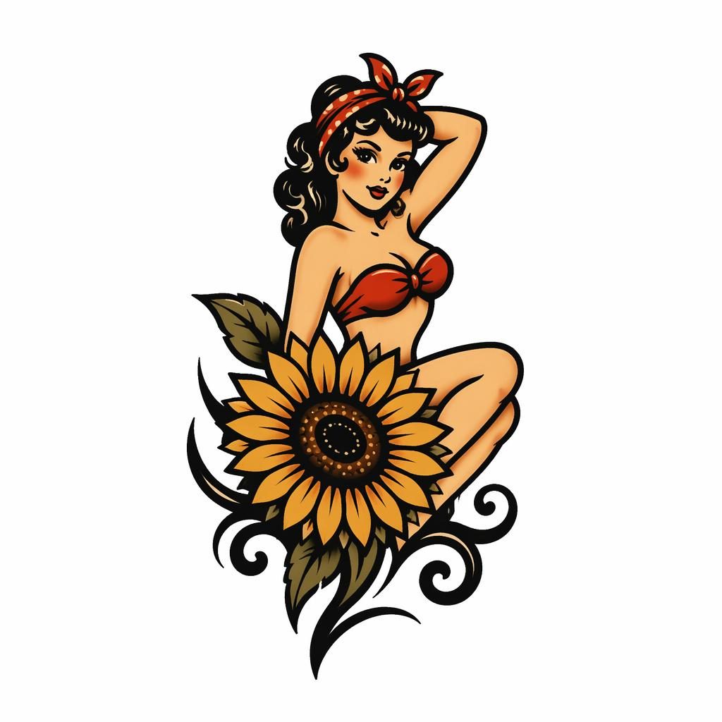 Diseño de tatuaje en papel blanco de pinup sailor jerry con estilo tribal, líneas negras nítidas y formato pequeño